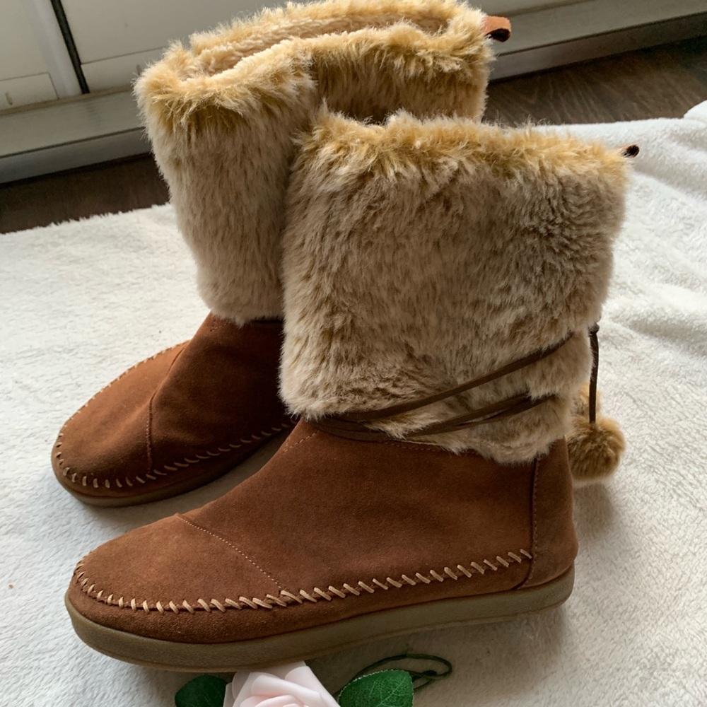 Toms Suede and Faux Fur Moccasin Pom Pom Boots